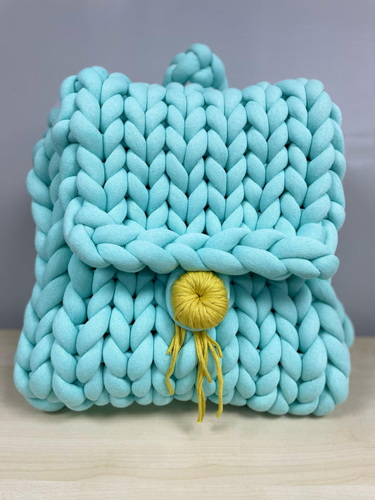 Hand Knitted Chunky Backpack | Aqua