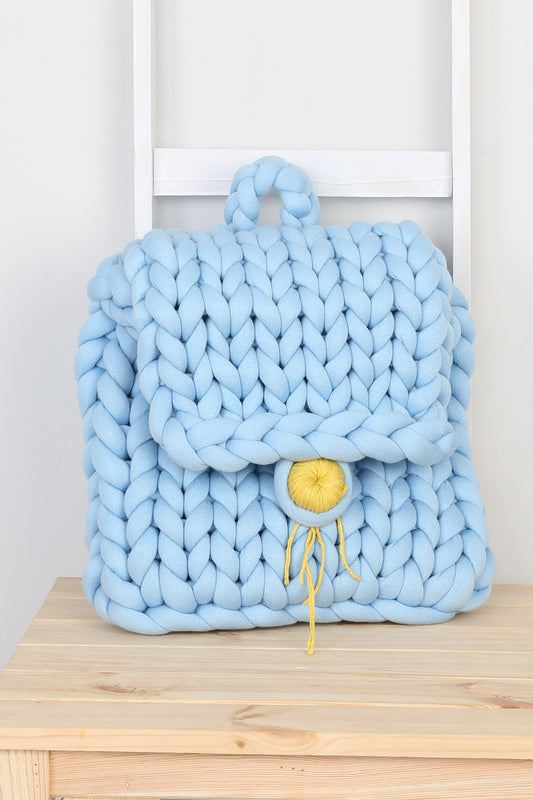 Hand Knitted Chunky Backpack | Baby Blue