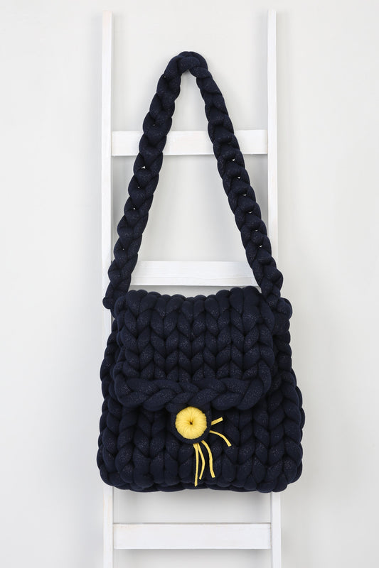 Chunky Hand Knitted Bag | Dark Navy Blue-Silvery